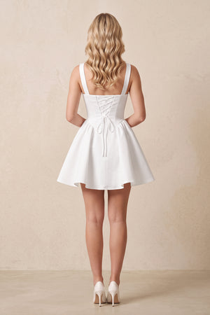 Square Neck Satin A - Line Mini Wedding Dress in White - KissProm Wedding Dresses