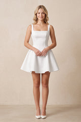 Square Neck Satin A - Line Mini Wedding Dress in White - KissProm Wedding Dresses