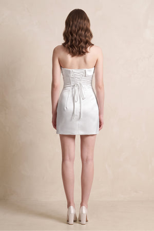 Simple Satin Strapless Mini Wedding Dress in White - KissProm Wedding Dresses