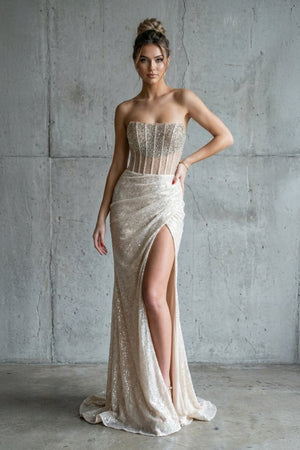 Strapless Mermaid Long Sequins Prom Dress With Split - KissProm