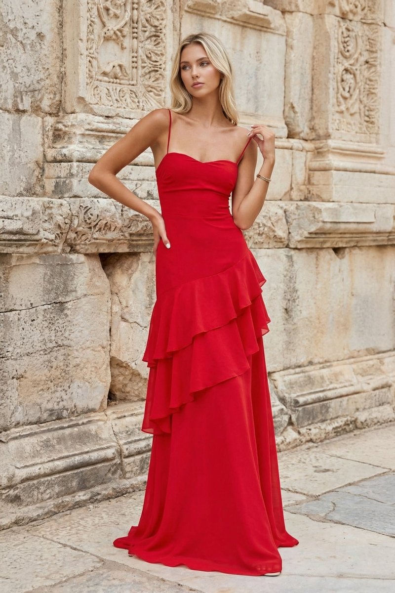 Red - Sheath Spaghetti Straps Chiffon Long Prom Dresses with Ruffles - KissProm
