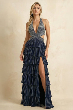 Navy Blue - A - Line Halter Satin Beaded Long Prom Dresses With Ruffles - KissProm
