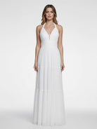 Bohemian Halter A Line Tulle Brush Train Wedding Dress with Ruching - KissProm