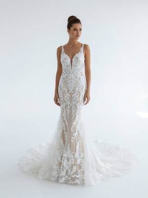 Mermaid V Neck Tulle Lace Wedding Dresses with Train - KissProm