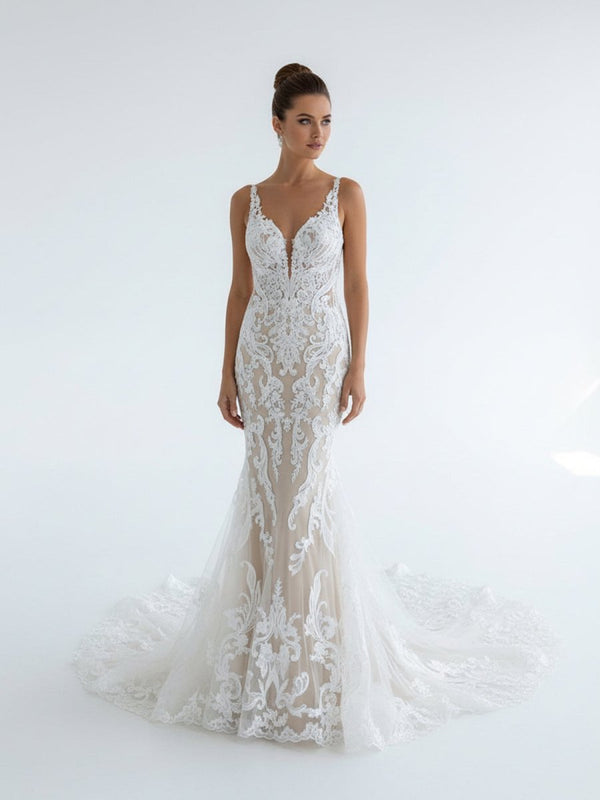 Mermaid V Neck Tulle Lace Wedding Dresses with Train - KissProm
