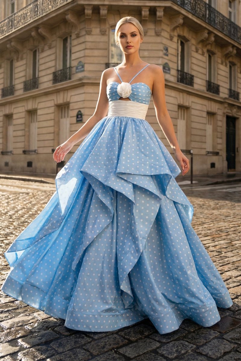 Liyana | Blue - Halter Satin A Line Dot Prom Dresses With Flower - KissProm