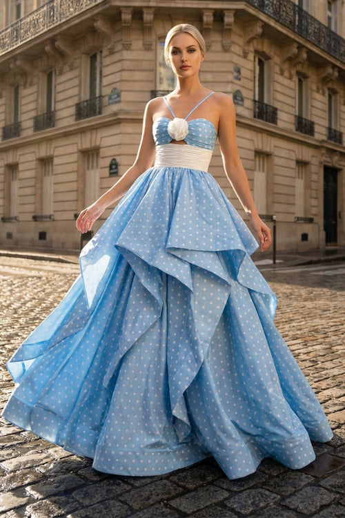 Liyana | Blue - Halter Satin A Line Dot Prom Dresses With Flower - KissProm