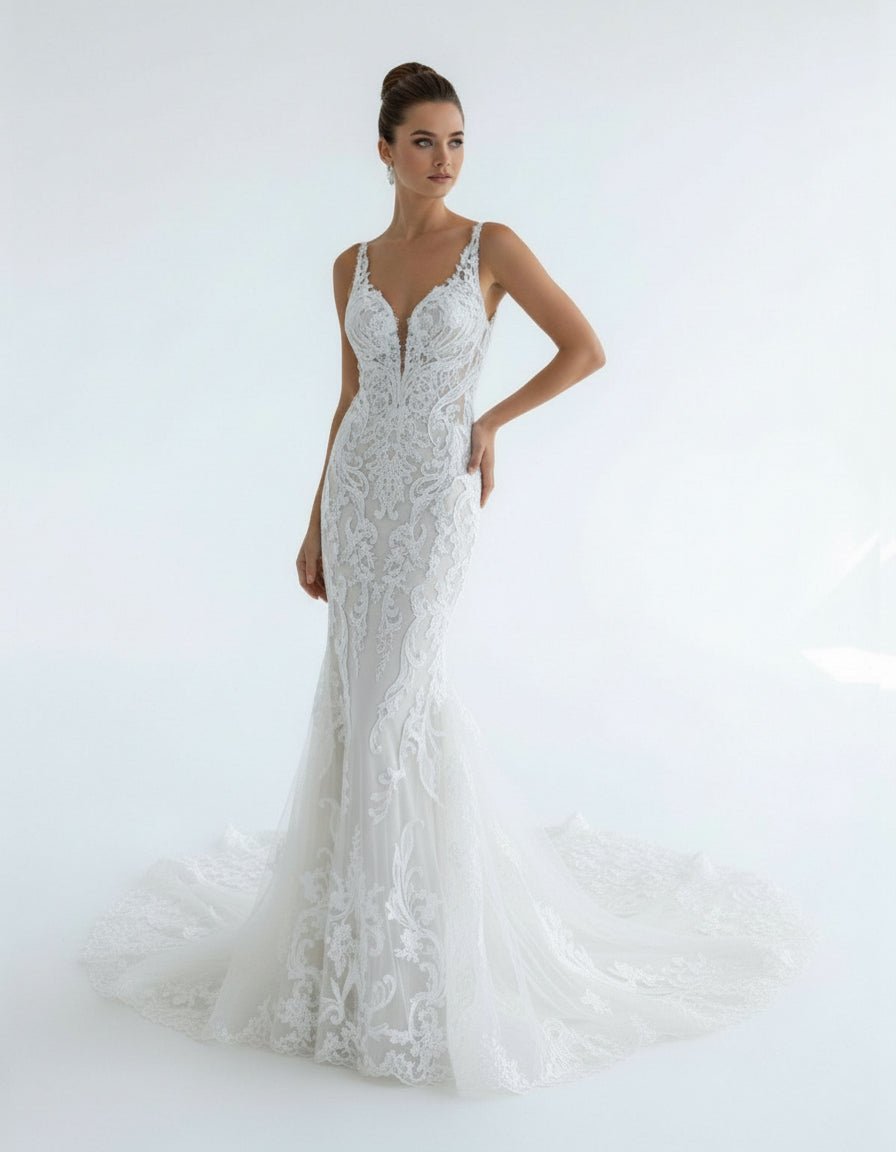 Mermaid V Neck Tulle Lace Wedding Dresses with Train - KissProm