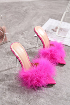 Hot Pink Feathers Pointed Toe Stiletto Sandals - KissProm