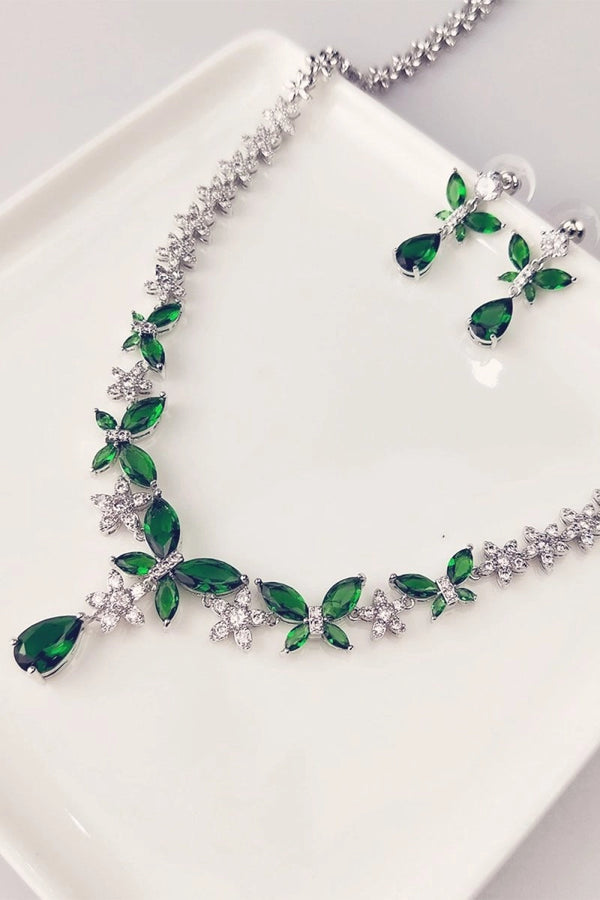 Royal Blue Butterfly Crystal Drop Earrings Necklace Jewelry Set - KissProm