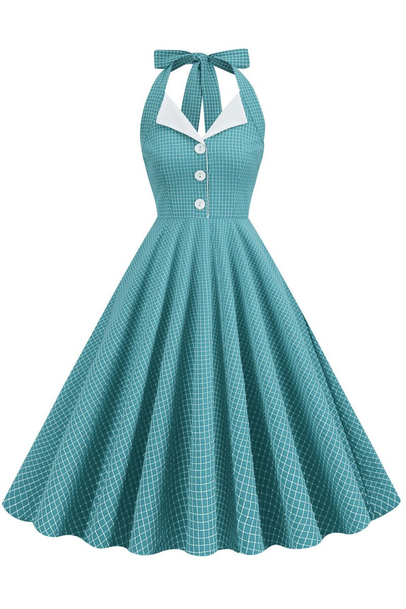Retro Style Halter Neck Green 1950s Dress with Button Green / XL Retro Style Halter Neck Green 1950s Dress with Button Green / XL