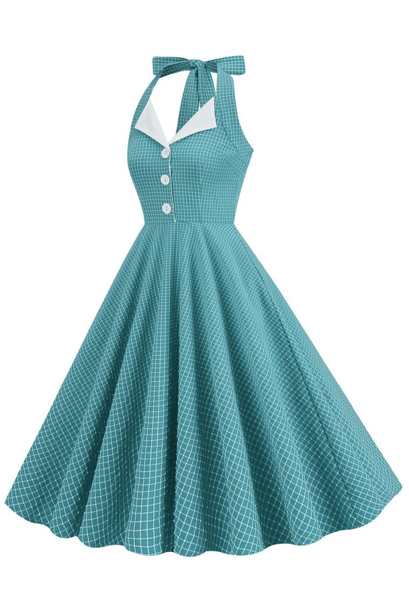 Retro Style Halter Neck Green 1950s Dress with Button Green / XL Retro Style Halter Neck Green 1950s Dress with Button Green / XL