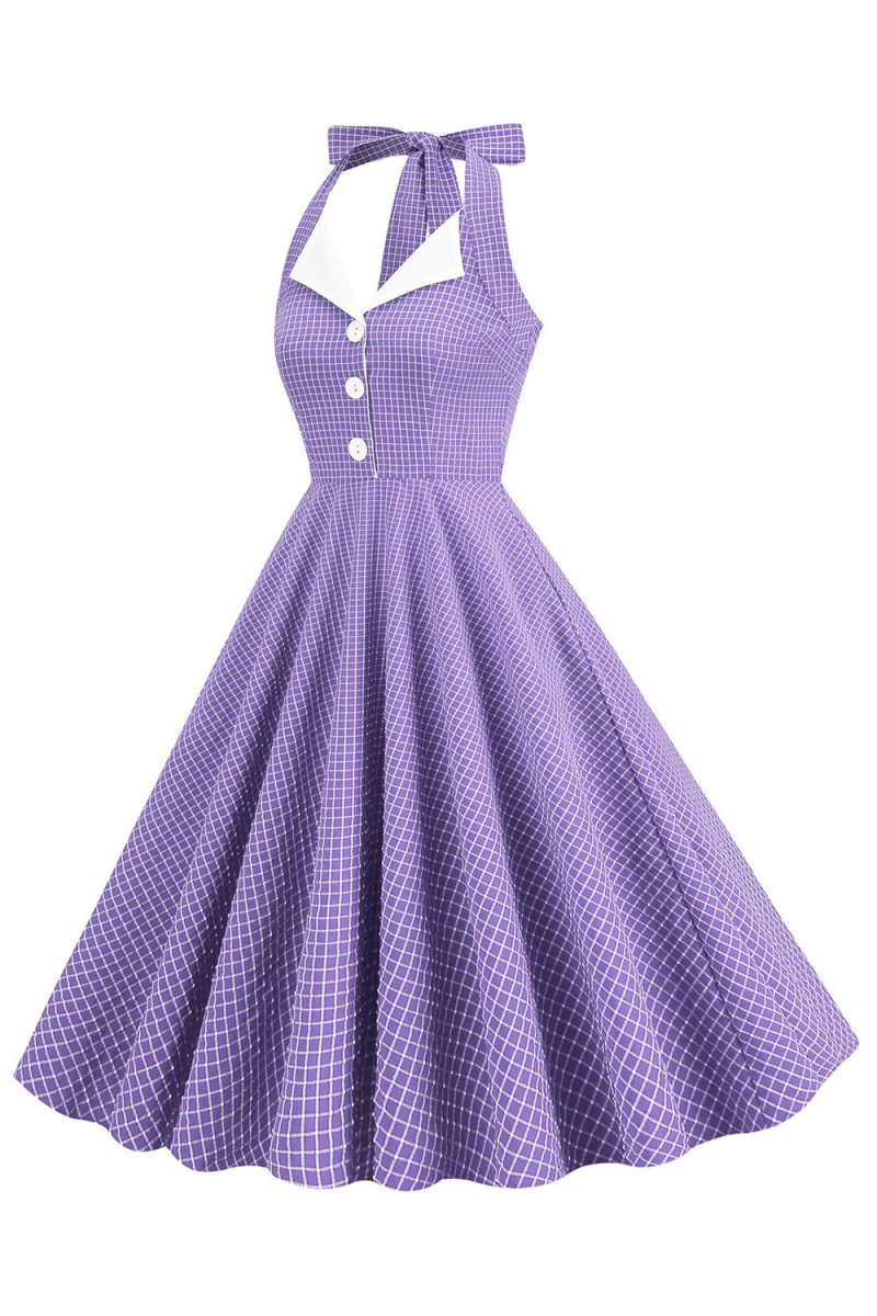 Retro Style Halter Neck Green 1950s Dress with Button Purple / S Retro Style Halter Neck Green 1950s Dress with Button Purple / S