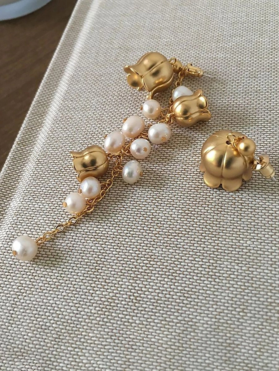Asymmetric Tassel Flowers Pearl Long Earrings - KissProm