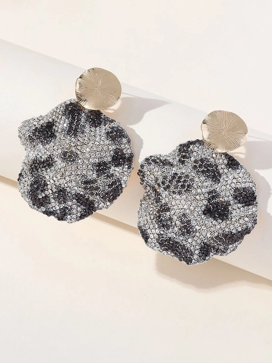 Gray Leopard Print Rhinestones Round Earrings - KissProm