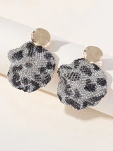Gray Leopard Print Rhinestones Round Earrings - KissProm