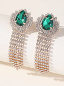 Green Teardrop Rhinestones Tassel Long Earrings - KissProm