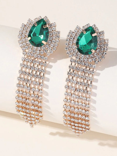 Green Teardrop Rhinestones Tassel Long Earrings - KissProm