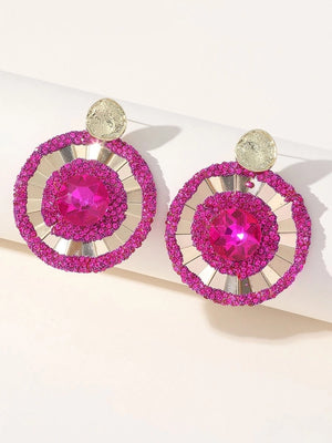 Fuchsia Flower Rhinestones Round Earrings - KissProm