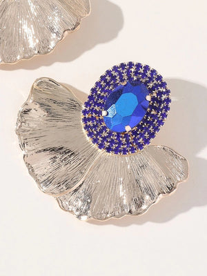 Royal Blue Rhinestones Leaf Floral Oval Earrings - KissProm