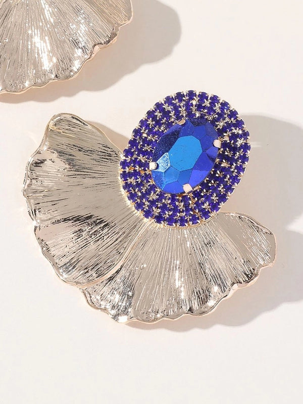 Royal Blue Rhinestones Leaf Floral Oval Earrings - KissProm