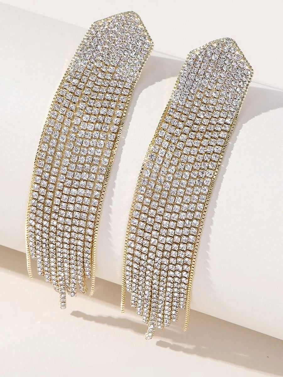 Golden Simple Rhinestones Tassel Long Earrings - KissProm