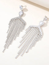 Silver Dangle Simple Rhinestones Tassel Long Earrings - KissProm