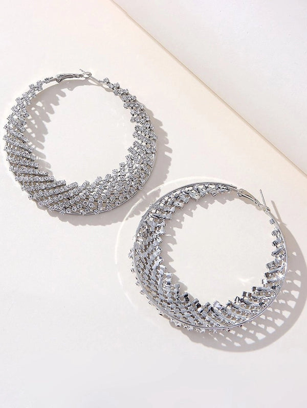 Silver Rhinestones Cutout Hoop Earrings - KissProm