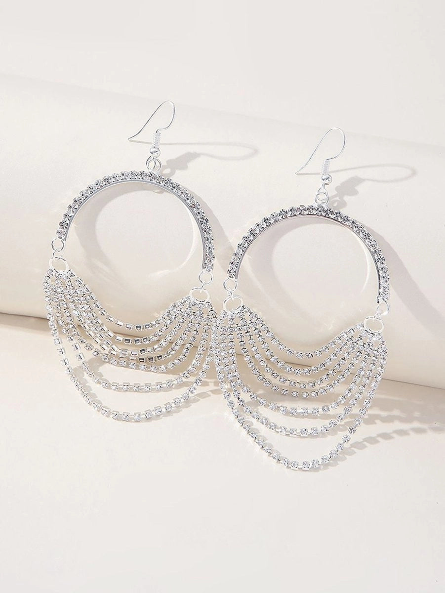 Silver Rhinestones Tassel Hoop Round Earrings - KissProm