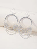 Silver Rhinestones Tassel Hoop Round Earrings - KissProm