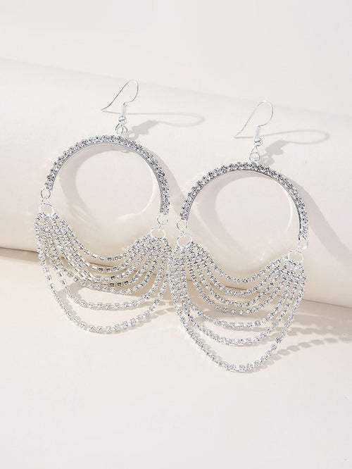 Silver Rhinestones Tassel Hoop Round Earrings - KissProm