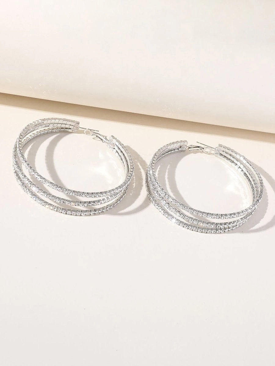 Silver Rhinestones Simple Triple Layer Hoop Earrings - KissProm