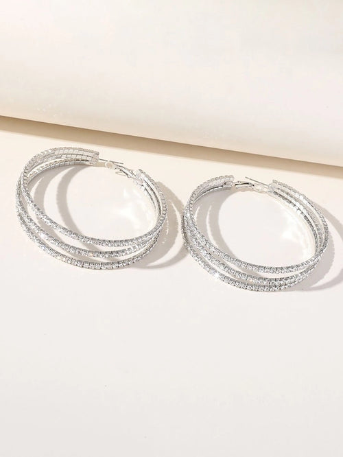 Silver Rhinestones Simple Triple Layer Hoop Earrings - KissProm