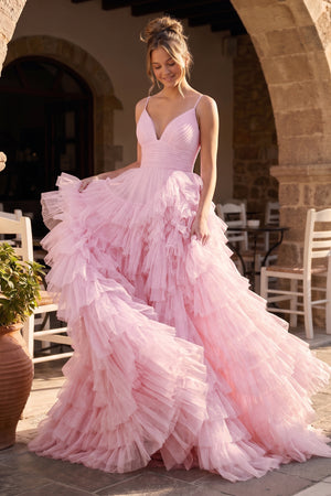 A-Line Spaghetti Straps Tiered Tulle Prom Dress - KissProm