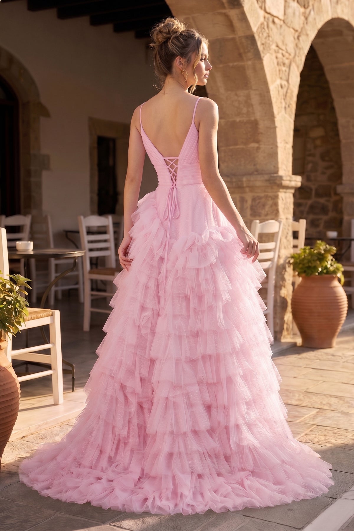 KissProm A-Line Spaghetti Straps Tiered Tulle Prom Dress, Pink / 4
