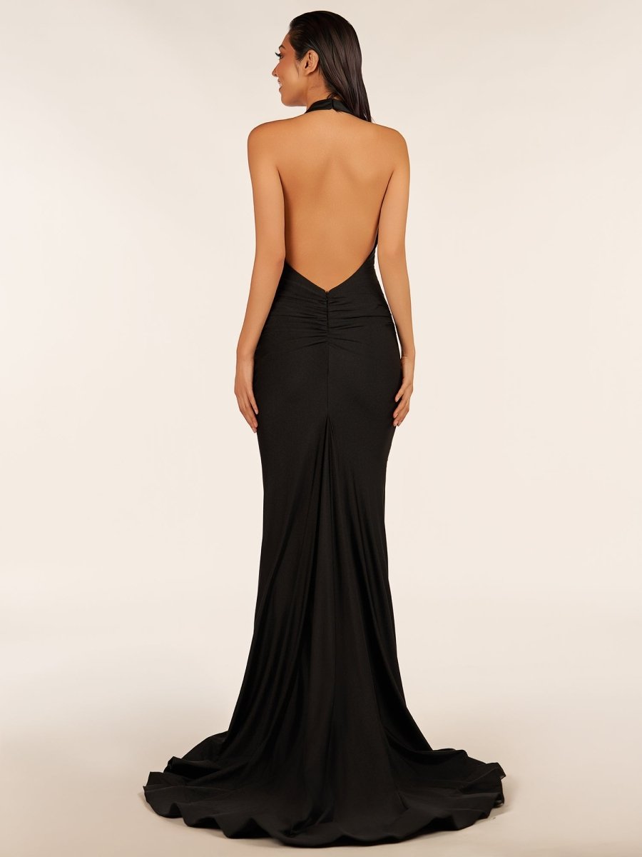 Simple Black Halter Backless Mermaid Long Prom Dress