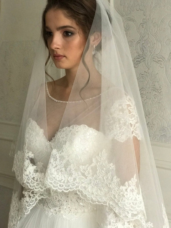 Vintage White Cathedral Lace Double Tiers Long Wedding veil - KissProm