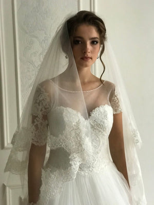 Vintage White Cathedral Lace Double Tiers Long Wedding veil - KissProm
