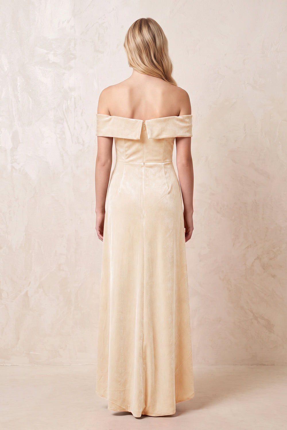Champagne Off-the-Shoulder Sheath Velvet Midi Bridesmaid Dress - KISSPROM