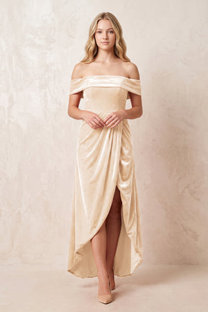 Champagne Off-the-Shoulder Sheath Velvet Midi Bridesmaid Dress - KISSPROM