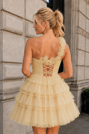 Princess Yellow One Shoulder Knotted Ruffle Short Party Dress - KissProm
