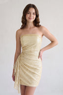 Champagne - Strapless Sheath Sequins Short Homecoming Dresses With Side Train - KissProm