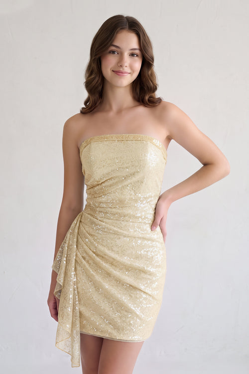 Champagne - Strapless Sheath Sequins Short Homecoming Dresses With Side Train - KissProm
