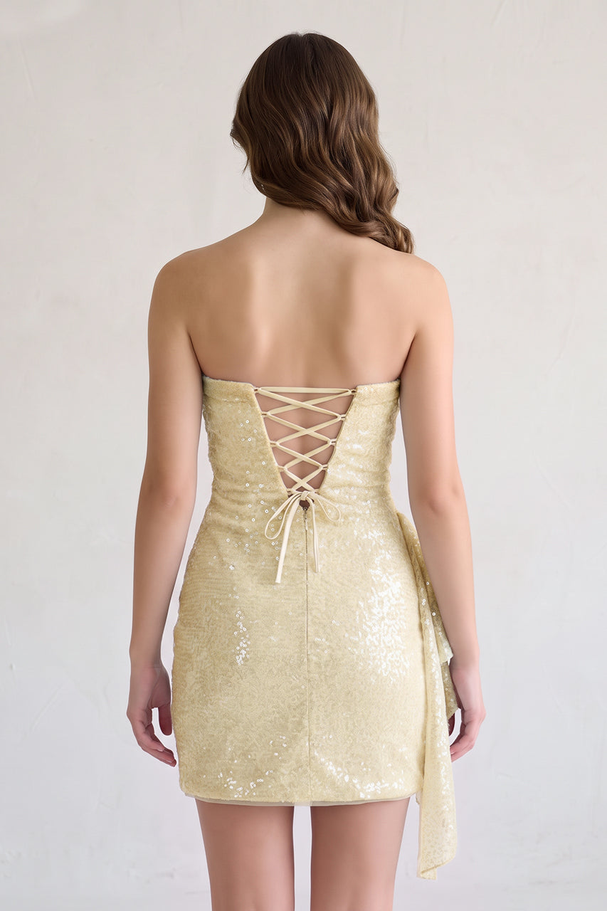 Champagne - Strapless Sheath Sequins Short Homecoming Dresses With Side Train - KissProm