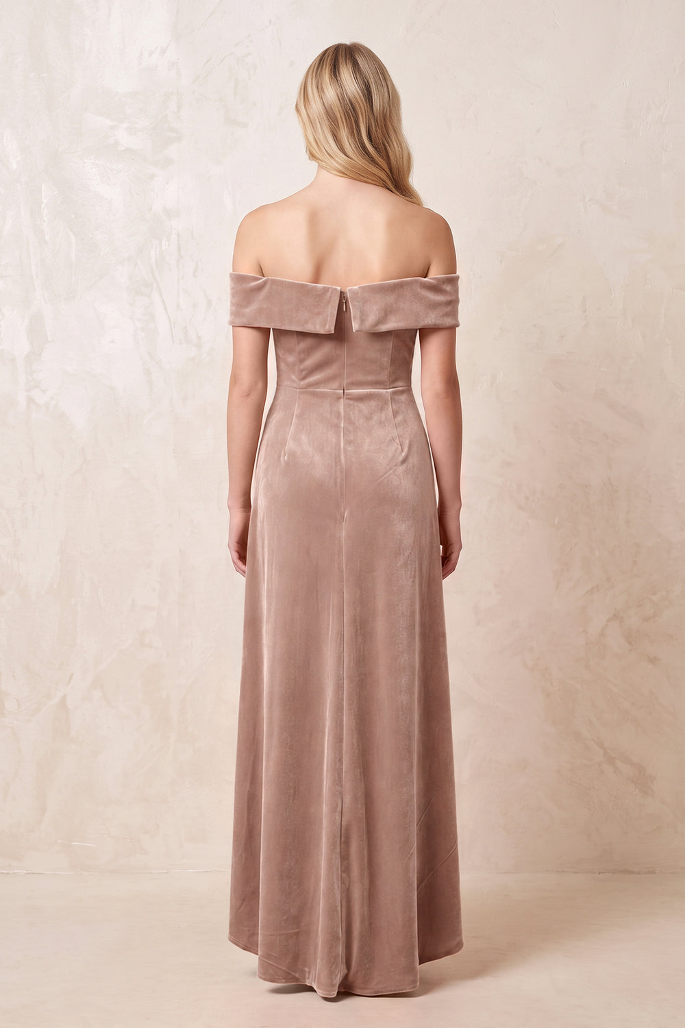 Champagne Rose Off-the-Shoulder Sheath Velvet Midi Bridesmaid Dress - KISSPROM