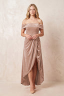Champagne Rose Off-the-Shoulder Sheath Velvet Midi Bridesmaid Dress - KISSPROM