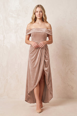 Champagne Rose Off-the-Shoulder Sheath Velvet Midi Bridesmaid Dress - KISSPROM