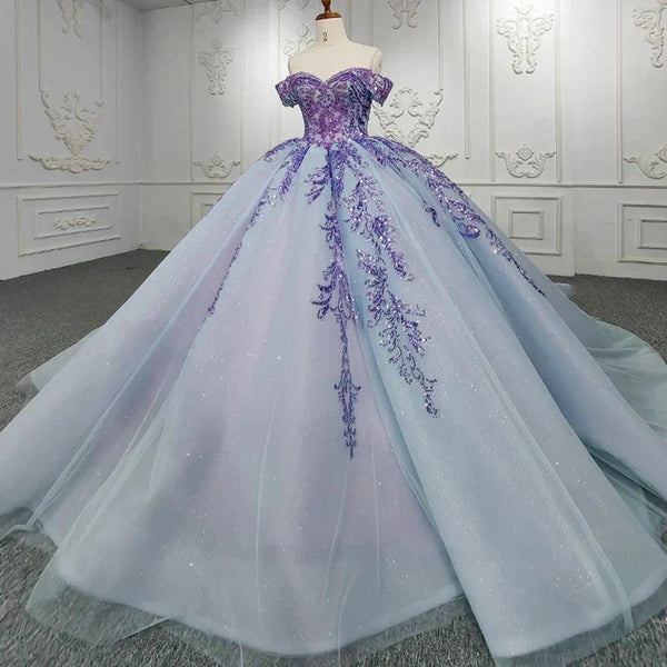 Quinceanera Dress Charming Off - the - shoulder Prom Dresses Appliques Lace Up Ball Gown with Sequins - KissProm