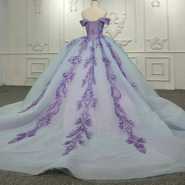 Quinceanera Dress Charming Off - the - shoulder Prom Dresses Appliques Lace Up Ball Gown with Sequins - KissProm