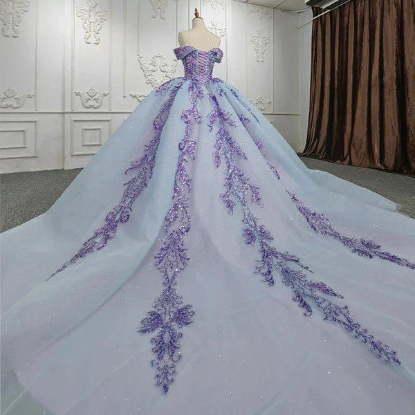 Quinceanera Dress Charming Off - the - shoulder Prom Dresses Appliques Lace Up Ball Gown with Sequins - KissProm